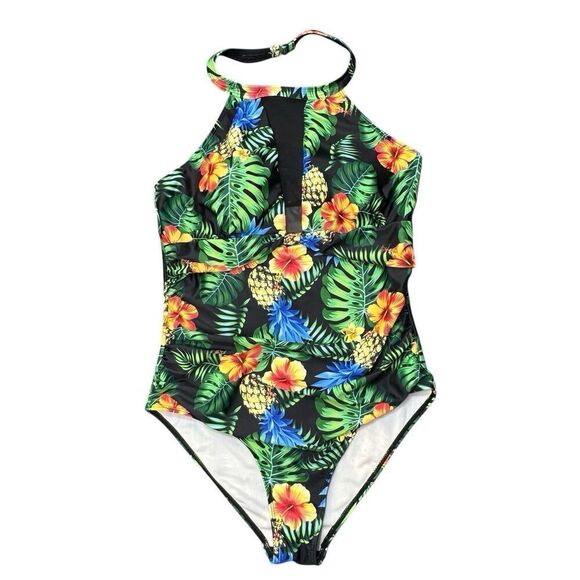 B2prity Hawaiian Sz L Swimsuit One Piece Swim High Neck Monstera Hibiscus Pineap - Picture 1 of 11